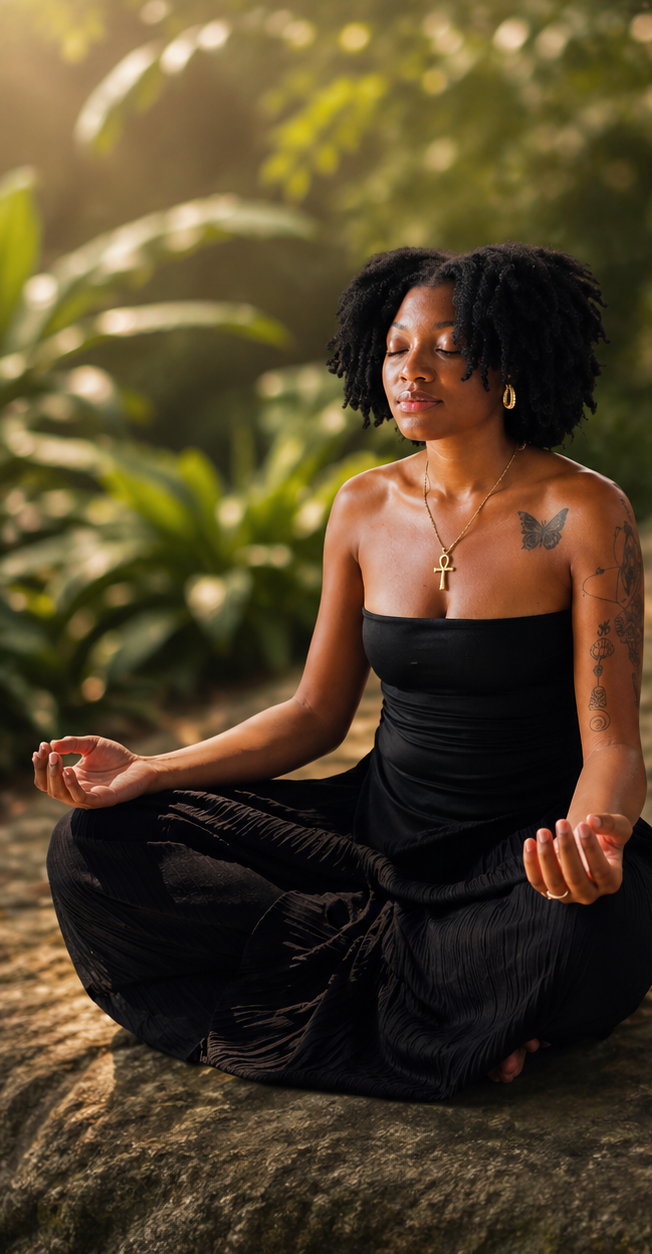 Woman meditating in golden nature