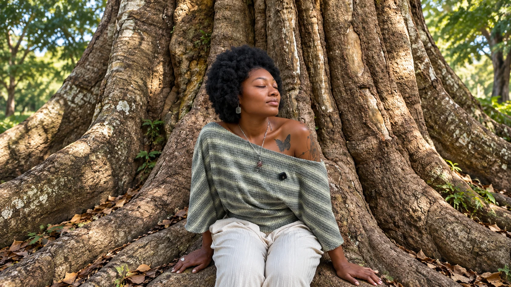 Maleeah Jay sitting at the base of a huge tree with wide buttress roots