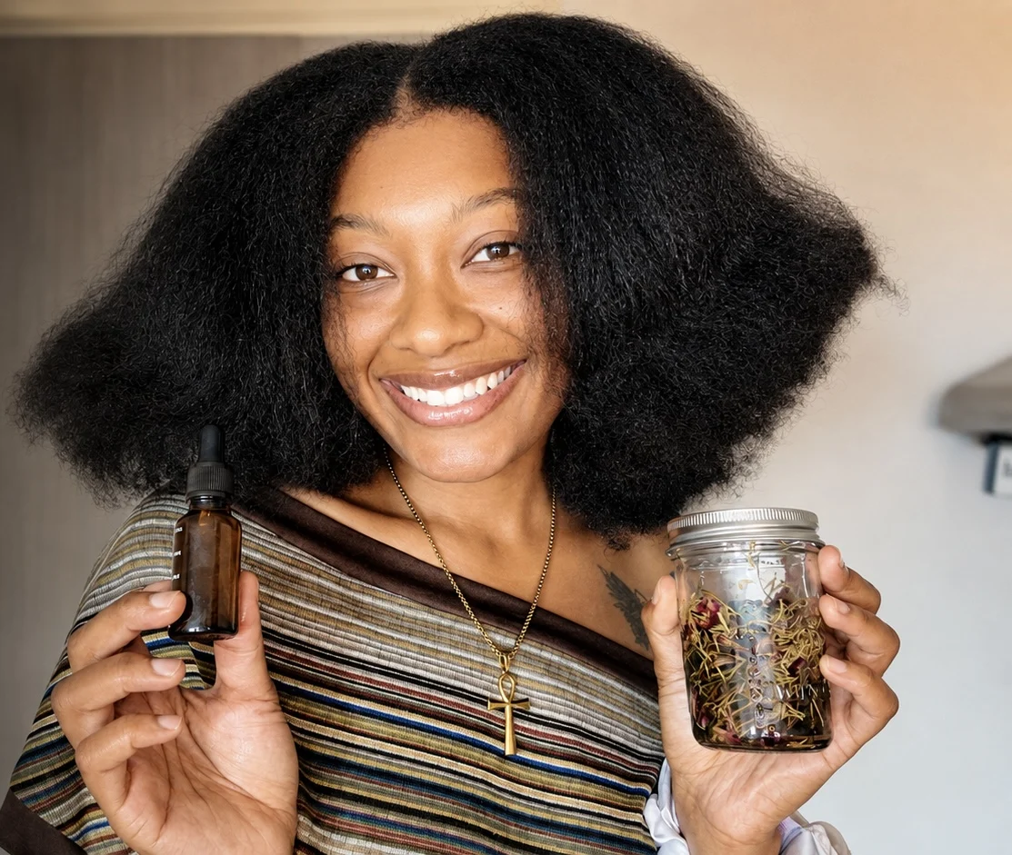 Maleeah Jay smiling, holding a glass dropper bottle and a jar of dried herbs